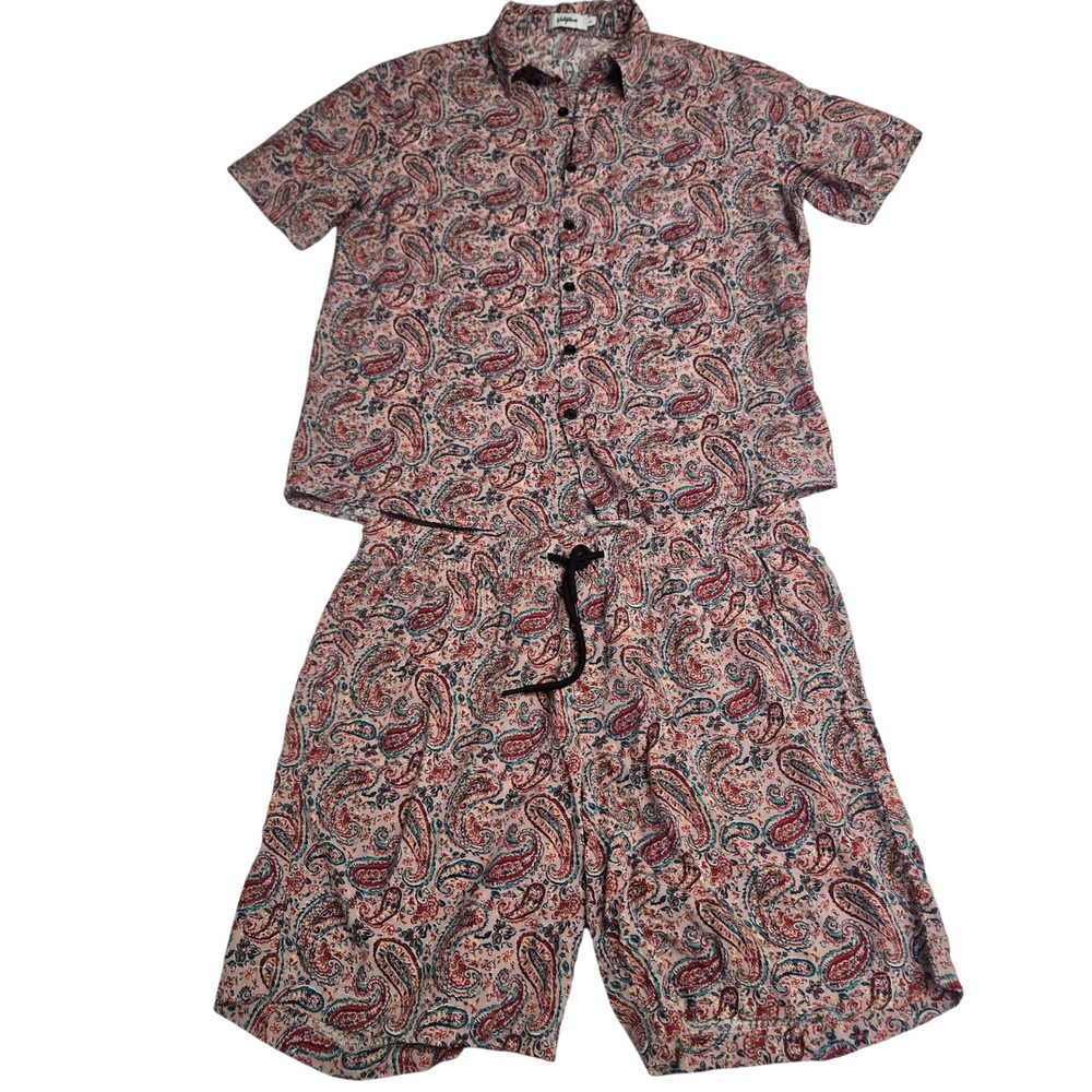 Vatpave Mens Large Paisley Matching Set Pink Blue Red Button Shirt Shorts Co Ord